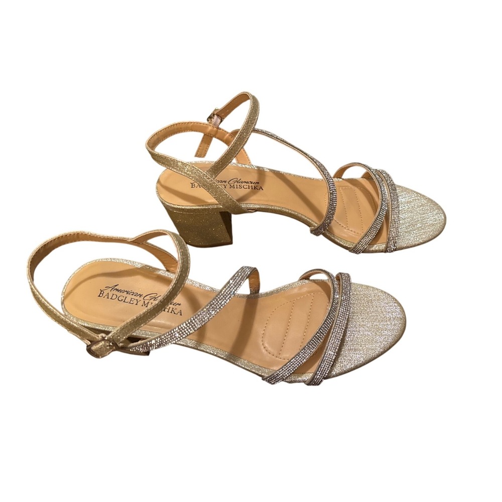 American Glamour Badgley Mischka Gold Glitter Rhinestone Block Heel Sandals 9.5 - Picture 1 of 13